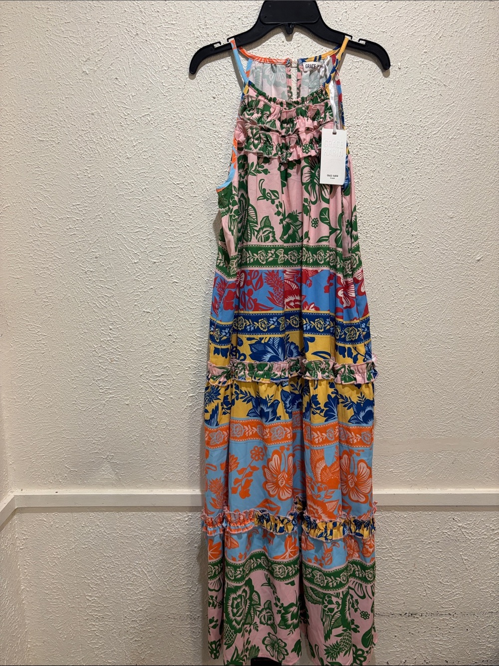 Grace Karin Pink & Green Floral Spaghetti Strap Maxi Dress